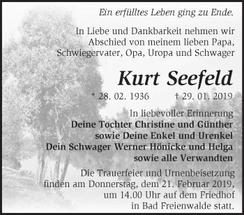 Traueranzeige von Kurt Seefeld von Märkische Oderzeitung