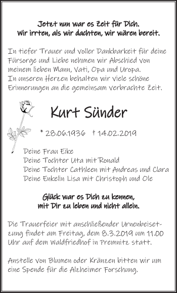 Traueranzeige von Kurt Sünder von Märkische Oderzeitung