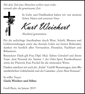 Traueranzeige von Kurt Weichert von Märkische Oderzeitung