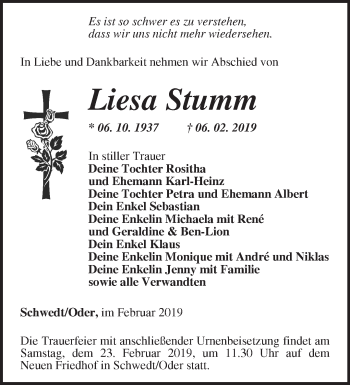 Traueranzeige von Liesa Stumm von Märkische Oderzeitung