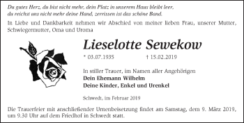 Traueranzeige von Lieselotte Sewekow von Märkische Oderzeitung