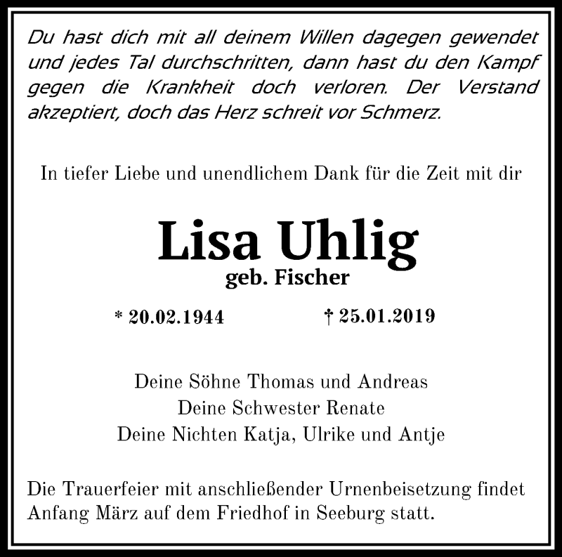  Traueranzeige für Lisa Uhlig vom 24.02.2019 aus Märkische Oderzeitung