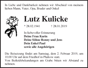 Traueranzeige von Lutz Kulicke von Märkische Oderzeitung