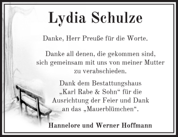 Traueranzeige von Lydia Schulze von Märkische Oderzeitung