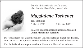 Traueranzeige von Magdalene Tschenet von Märkische Oderzeitung