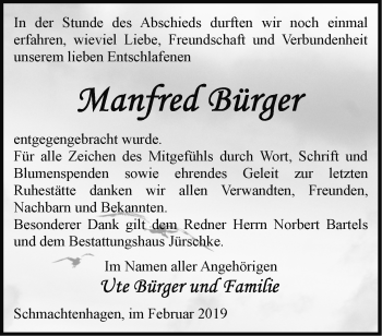 Traueranzeige von Manfred Bürger von Märkische Oderzeitung