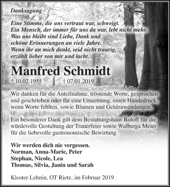 Traueranzeige von Manfred Schmidt von Märkische Oderzeitung