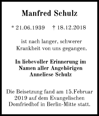 Traueranzeige von Manfred Schulz von Märkische Oderzeitung