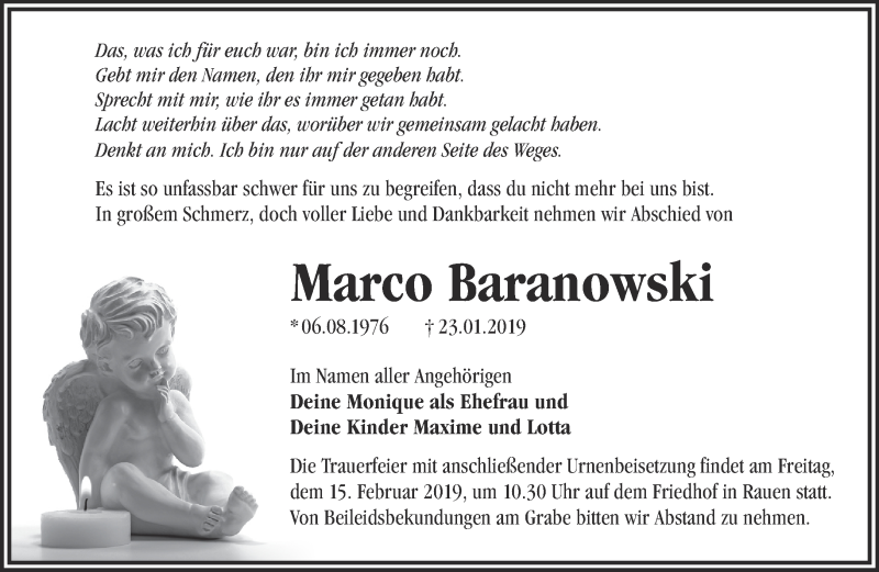  Traueranzeige für Marco Baranowski vom 02.02.2019 aus Märkische Oderzeitung