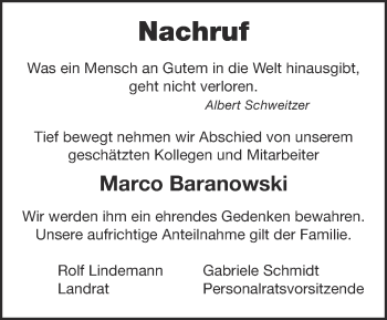 Traueranzeige von Marco Baranowski von Märkische Oderzeitung