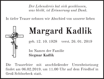 Traueranzeige von Margard Kadlik von Märkische Oderzeitung