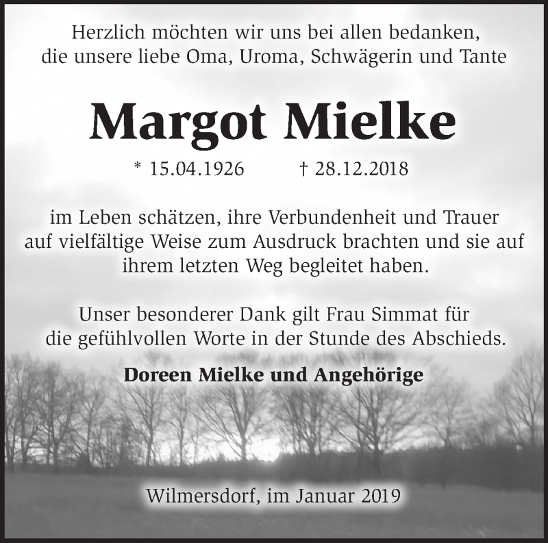  Traueranzeige für Margot Mielke vom 02.02.2019 aus Märkische Oderzeitung