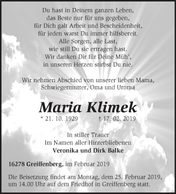 Traueranzeige von Maria Klimek von Märkische Oderzeitung