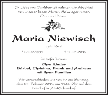 Traueranzeige von Maria Niewisch von Märkische Oderzeitung