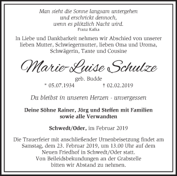 Traueranzeige von Marie-Luise Schulze von Märkische Oderzeitung