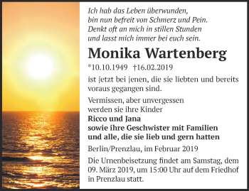 Traueranzeige von Monika Wartenberg von Märkische Oderzeitung