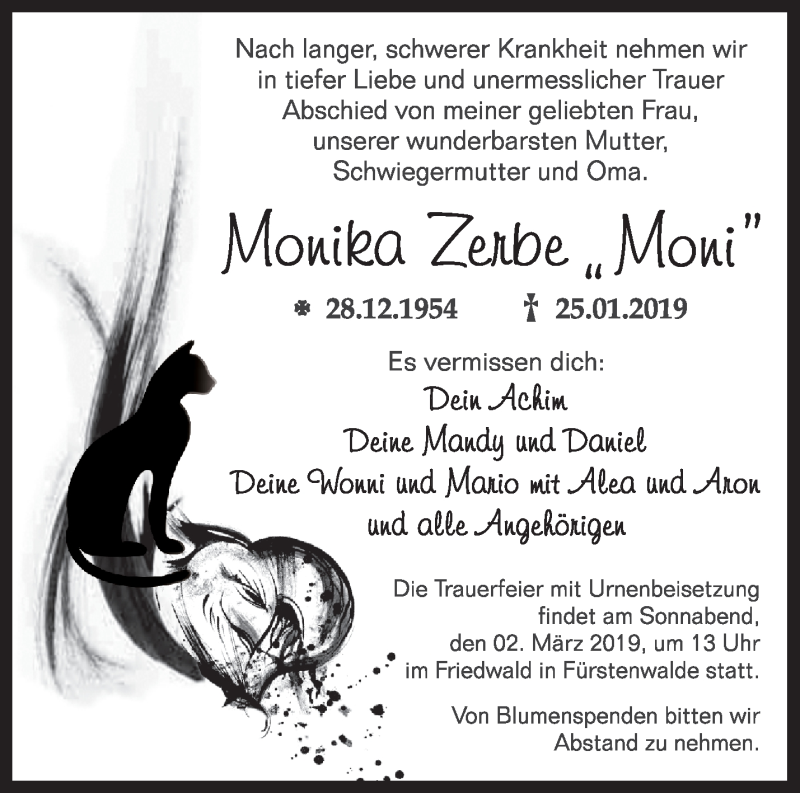  Traueranzeige für Monika Zerbe vom 16.02.2019 aus Märkische Oderzeitung