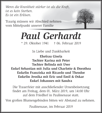 Traueranzeige von Paul Gerhardt von Märkische Oderzeitung