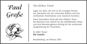 Traueranzeige von Paul Große von Märkische Oderzeitung