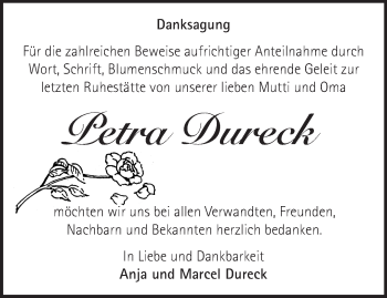 Traueranzeige von Petra Dureck von Märkische Oderzeitung