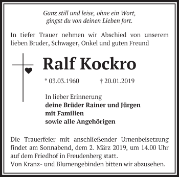 Traueranzeige von Ralf Kockro von Märkische Oderzeitung