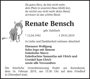 Traueranzeige von Renate Bensch von Märkische Oderzeitung