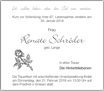 Traueranzeige von Renate Schröder von Märkische Oderzeitung