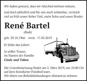 Traueranzeige von Rene Bartel von Märkische Oderzeitung