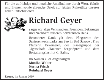 Traueranzeige von Richard Geyer von Märkische Oderzeitung