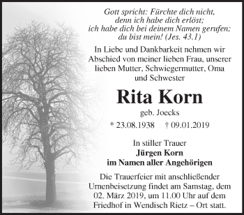 Traueranzeige von Rita Korn von Märkische Oderzeitung