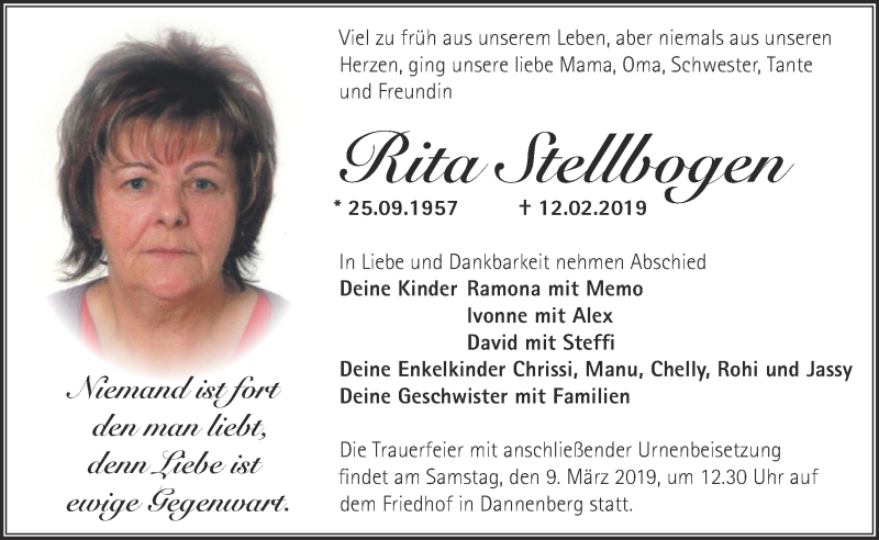  Traueranzeige für Rita Stellbogen vom 24.02.2019 aus Märkische Oderzeitung