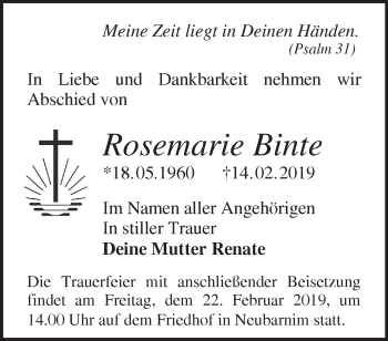 Traueranzeige von Rosemarie Binte von Märkische Oderzeitung