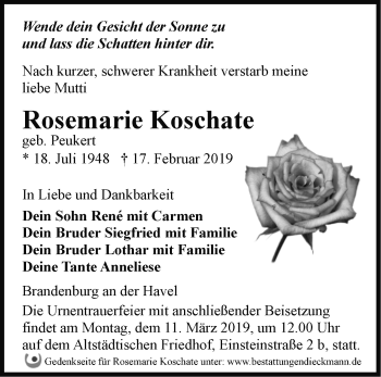 Traueranzeige von Rosemarie Koschate von Märkische Oderzeitung