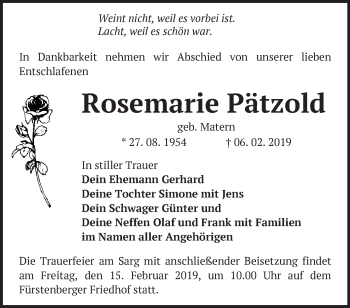 Traueranzeige von Rosemarie Pätzold von Märkische Oderzeitung