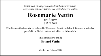 Traueranzeige von Rosemarie Vettin von Märkische Oderzeitung