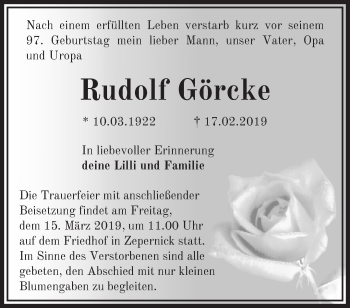 Traueranzeige von Rudolf Görcke von Märkische Oderzeitung