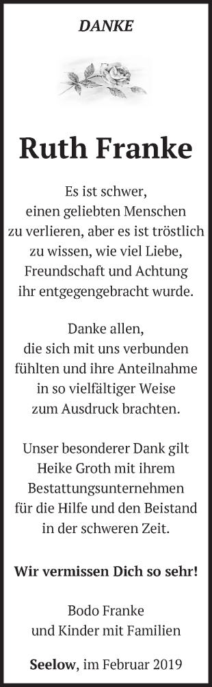  Traueranzeige für Ruth Franke vom 16.02.2019 aus Märkische Oderzeitung