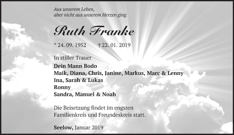  Traueranzeige für Ruth Franke vom 02.02.2019 aus Märkische Oderzeitung