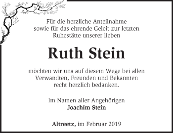 Traueranzeige von Ruth Stein von Märkische Oderzeitung