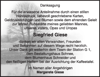 Traueranzeige von Siegfried Giese von Märkische Oderzeitung