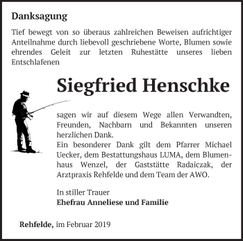 Traueranzeige von Siegfried Henschke von Märkische Oderzeitung