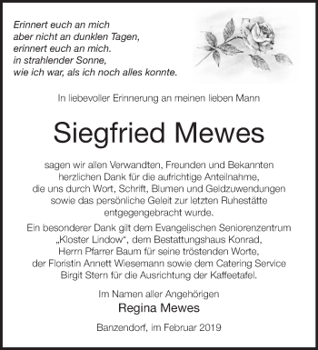 Traueranzeige von Siegfried Mewes von Märkische Oderzeitung