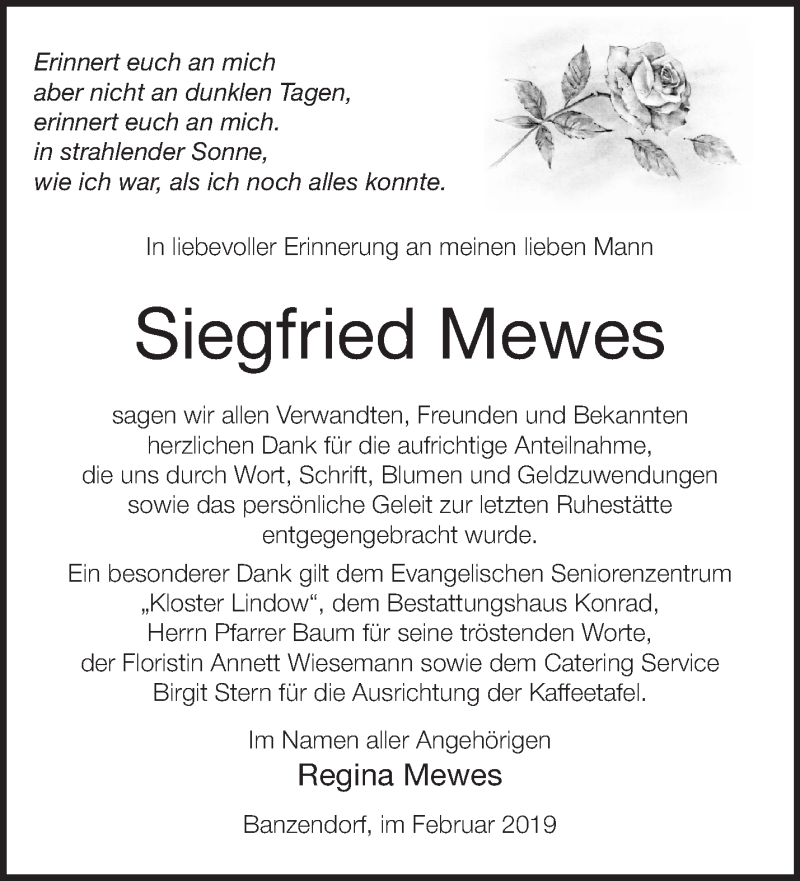  Traueranzeige für Siegfried Mewes vom 09.02.2019 aus Märkische Oderzeitung