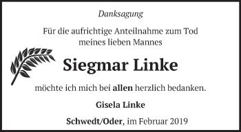 Traueranzeige von Siegmar Linke von Märkische Oderzeitung