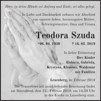 Traueranzeige von Teodora Szuda von Märkische Oderzeitung