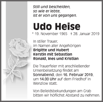 Traueranzeige von Udo Heise von Märkische Oderzeitung