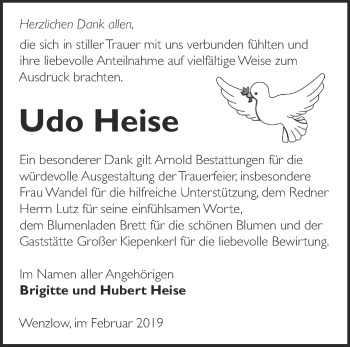 Traueranzeige von Udo Heise von Märkische Oderzeitung