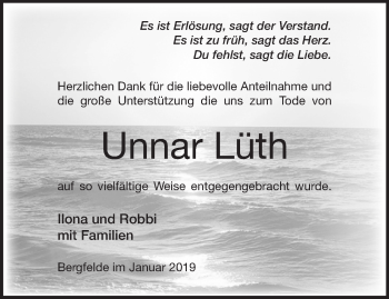 Traueranzeige von Unnar Lüth von Märkische Oderzeitung