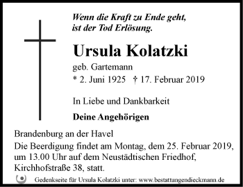 Traueranzeige von Ursula Kolatzki von Märkische Oderzeitung
