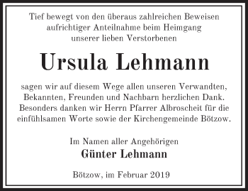 Traueranzeige von Ursula Lehmann von Märkische Oderzeitung